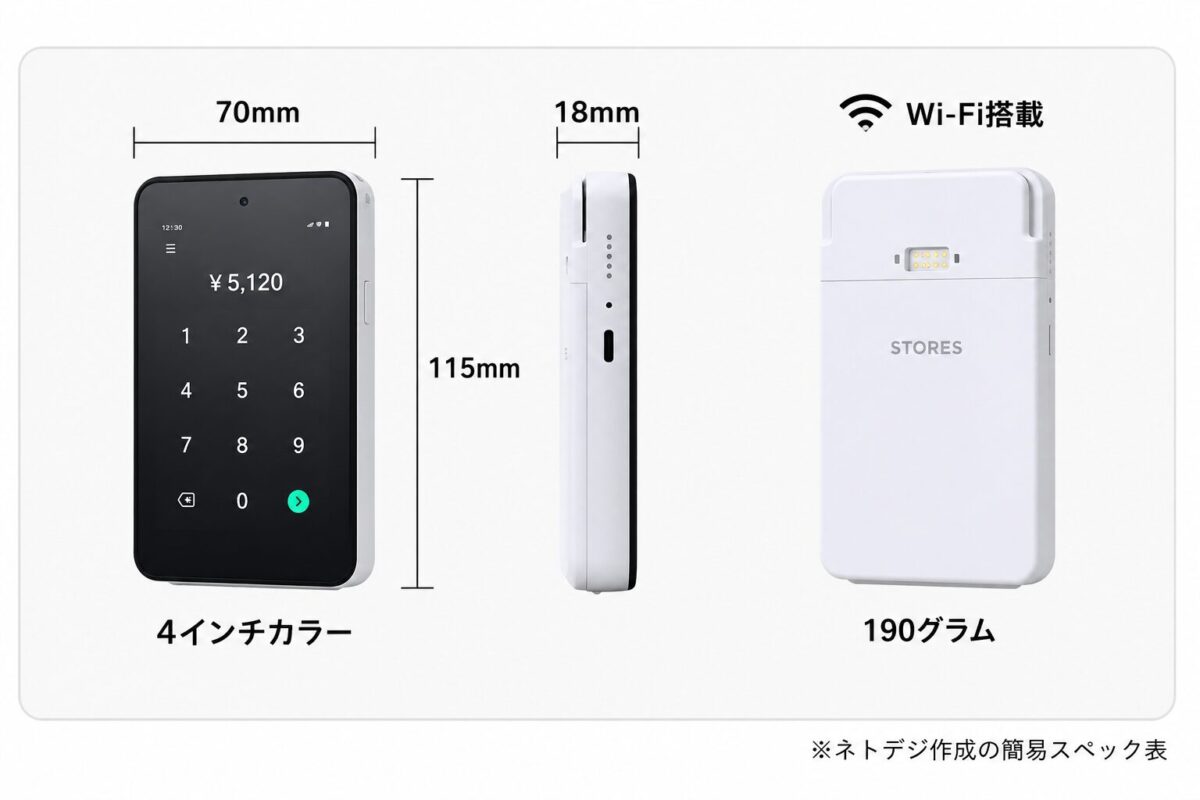 STORES 決済端末2のサイズ・重量・Wi-Fi対応を示した簡易スペック図