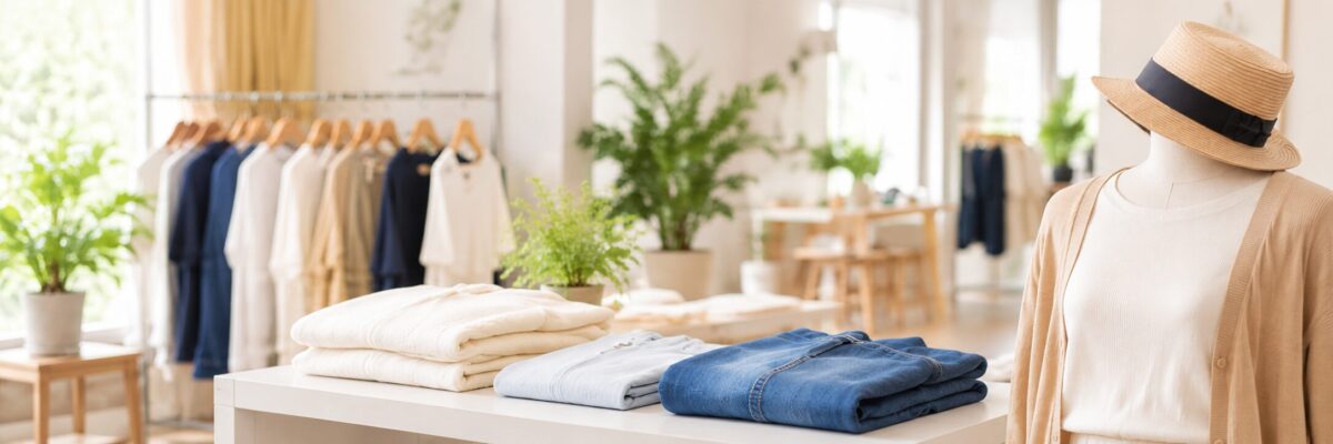 実店舗とネットショップの在庫連携をイメージした明るいアパレルショップ店内